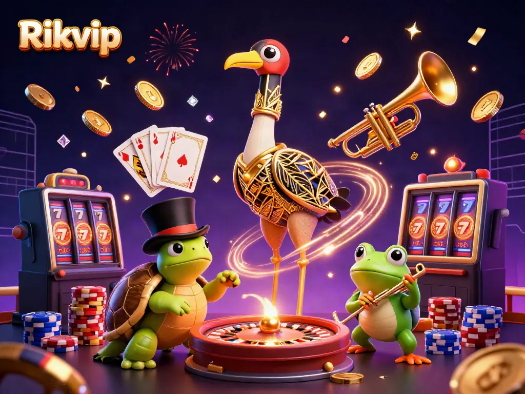 Experience the excitement of Rikvip with vibrant 3D characters and casino elements in an animated scene.