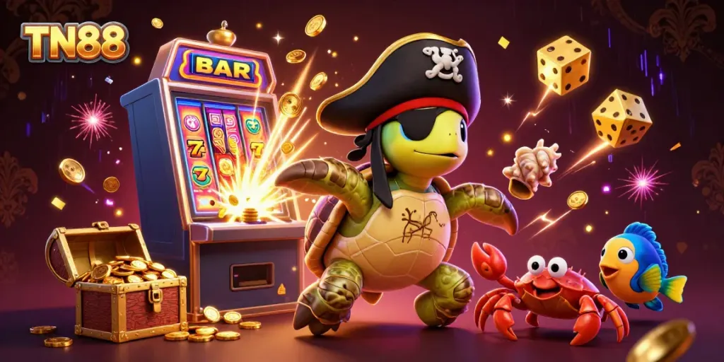 Engage with TN88's lottery excitement through a vibrant 3D casino illustration featuring dynamic characters and game elements.