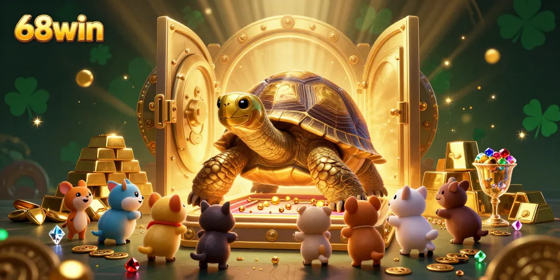 Engage in thrilling gaming experiences with 68win, showcasing vibrant scenes of a colossal tortoise pinball machine amid golden treasures.