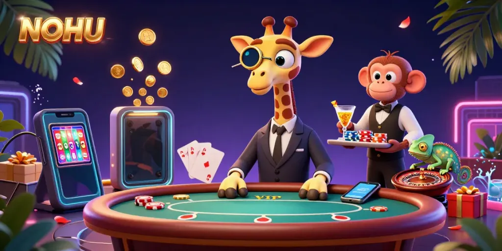 Experience the thrill of NOHU with vibrant characters gaming at a lively casino scene.