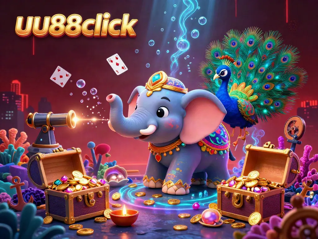 Experience thrilling gameplay with uu88click in this vibrant casino scene featuring a Diwali-themed elephant and a peacock amidst treasure and colorful gems.
