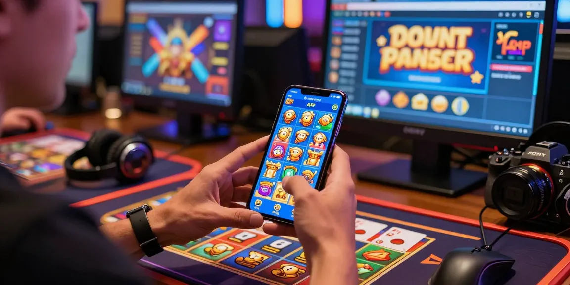 Player enjoying online gaming with zowin apk on smartphone, vibrant casino backdrop and engaging atmosphere.