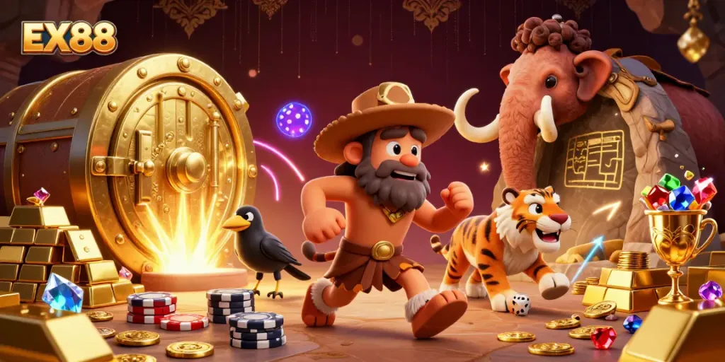 Experience thrilling gaming action with EX88 as cavemen and a tiger host a vibrant prehistoric casino.