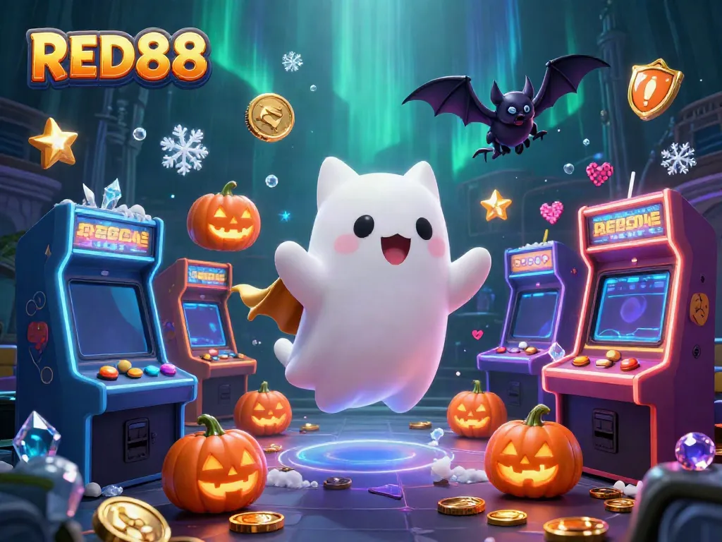 Experience thrilling gameplay with RED88's vibrant ghostly casino scene showcasing playful characters and dynamic elements.