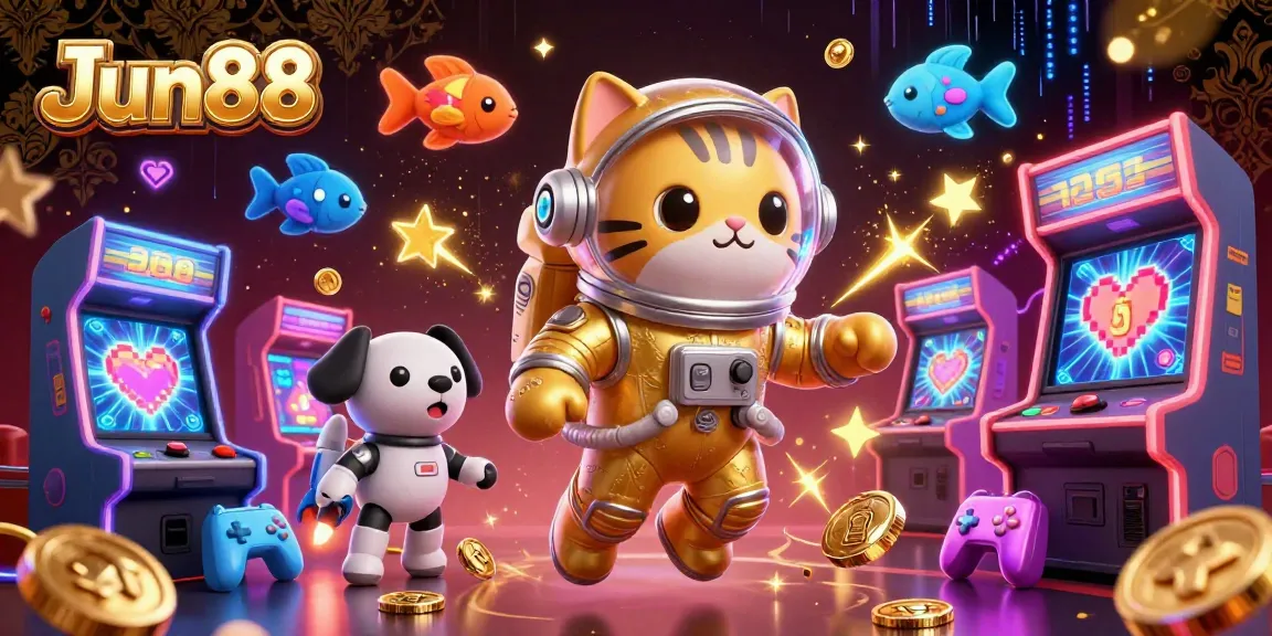 Experience the excitement of Jun88 with a dynamic casino scene featuring vibrant games and characters.