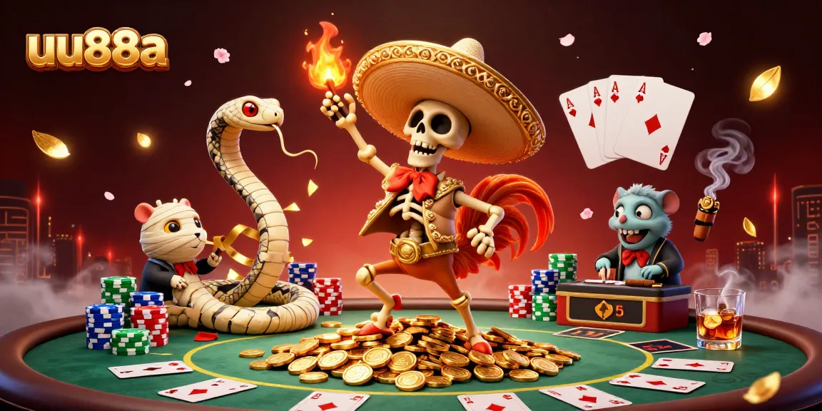 uu88a showcases a vibrant casino scene with a festive skeleton mariachi and golden coins.