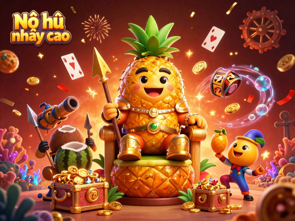 Nổ hũ nhảy cao: Experience the vibrant casino world with a golden pineapple king and tropical elements bursting with excitement.