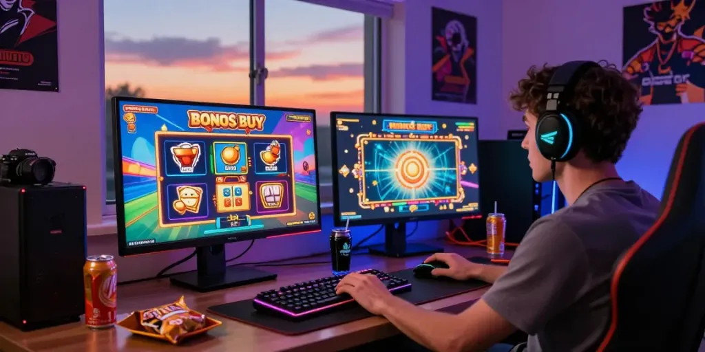 Player enjoying bonus buy casinos with vibrant graphics in an exciting gaming setup