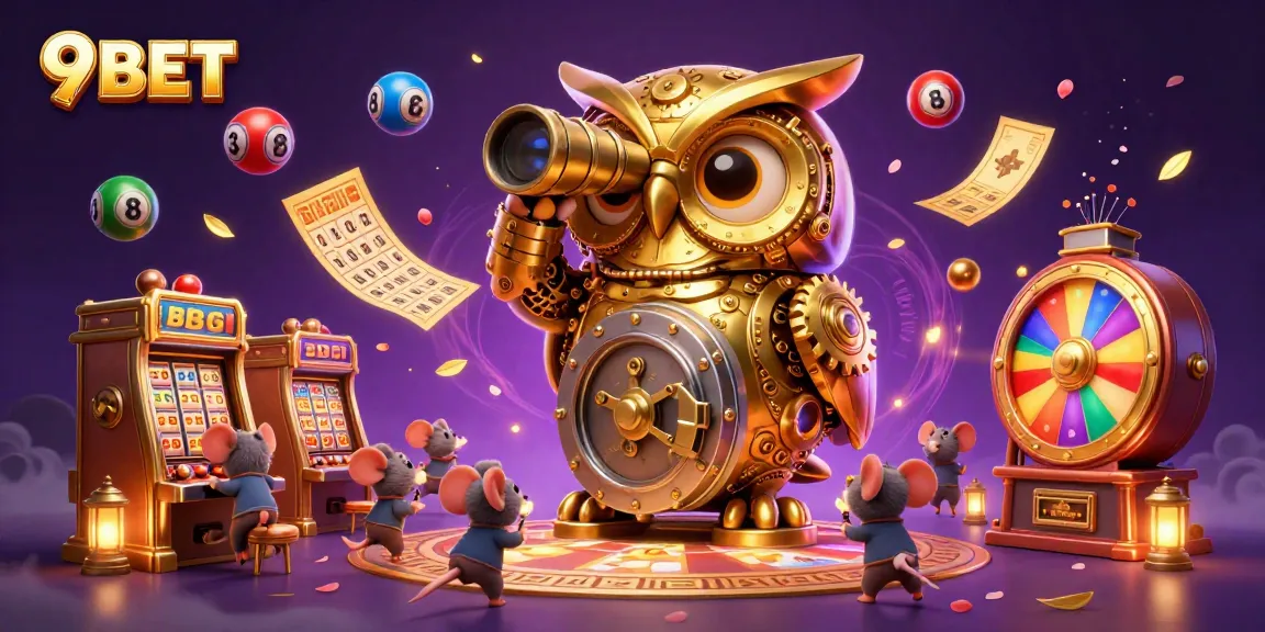 Experience exciting gaming with 9BET in this dynamic casino scene filled with vibrant lottery elements.