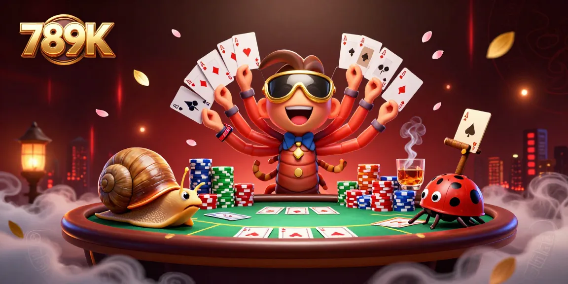 Engage in thrilling poker with 789K as a millipede dealer displays cards among vibrant chips.