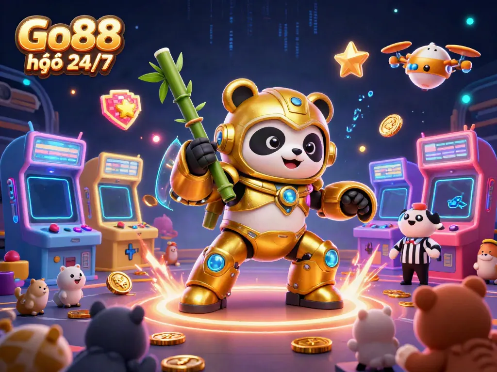 Experience Go88 hỗ trợ 24/7 with colorful gaming elements and dynamic characters in a vibrant casino arena.