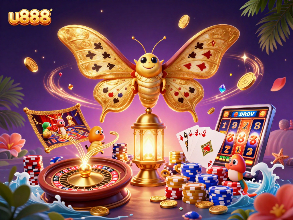 Experience the thrill of u888 with exhilarating casino games, gold coins, and vibrant illustrations.