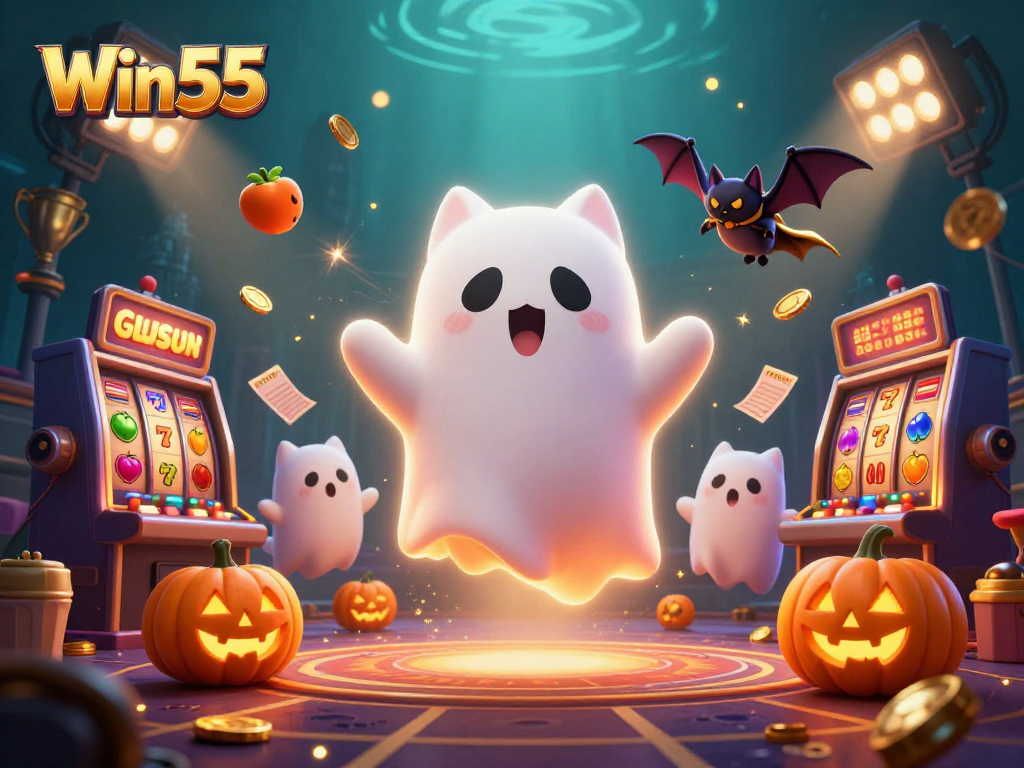 Win55 brings luck with a friendly ghost cat and vampire bat in a haunted casino.
