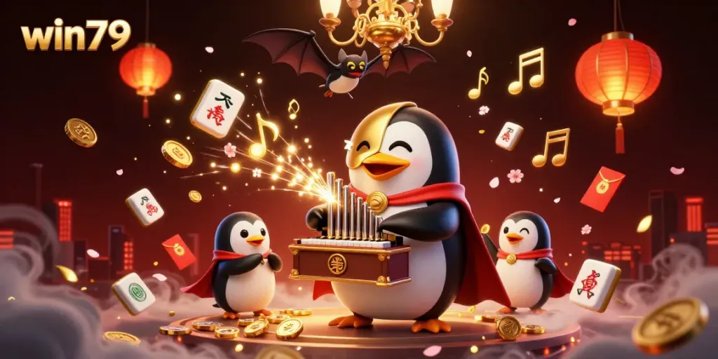 Experience win79 with a captivating illustration of an opera penguin playing for golden coins amidst an enchanting casino setting.