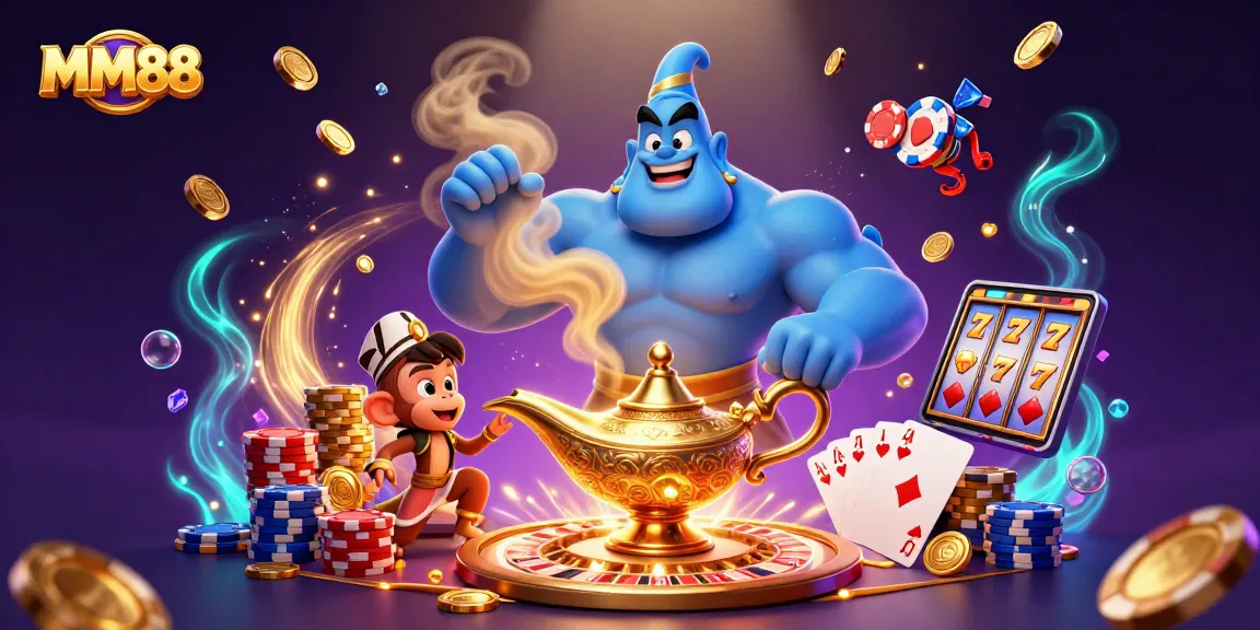 Experience MM88's thrilling casino atmosphere with a cartoon genie and magical elements.