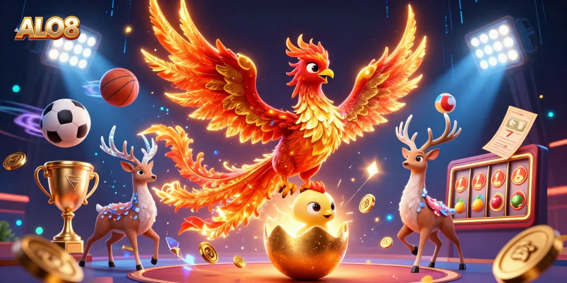 Experience thrilling gameplay at ALO8 with vibrant casino elements, a phoenix, and dynamic sports energy.