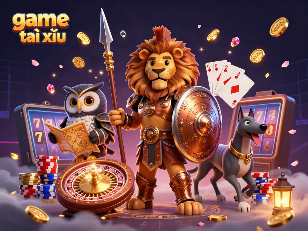 Experience the excitement of game tài xỉu with a 3D Spartan lion and casino elements in a vibrant illustration.