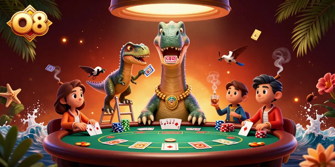 O8 players enjoying a vibrant poker scene with a towering brontosaurus and dynamic card dealing.