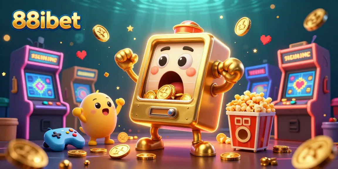 Engaging illustration of 88ibet featuring a golden slot machine celebrating its jackpot with cheering baby slots and a popcorn machine.