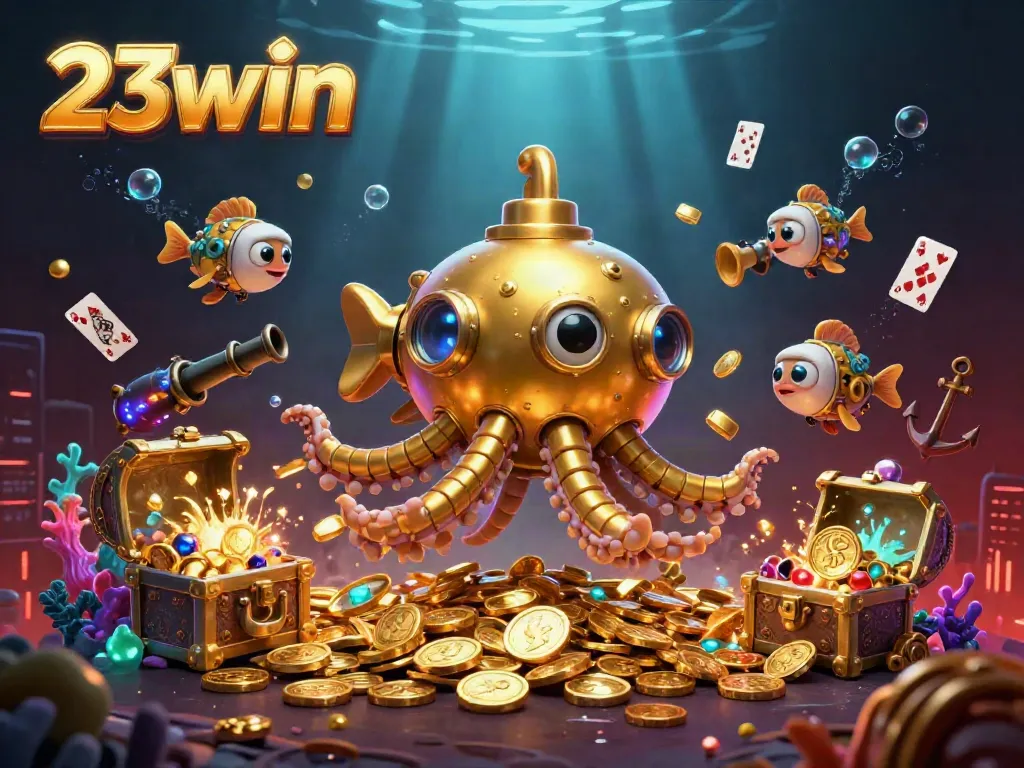 Experience thrilling gameplay with 23win's golden kraken and treasure amidst dynamic casino art.
