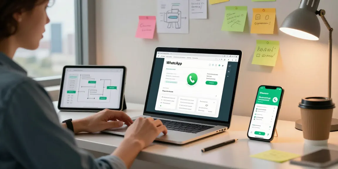 WhatsApp下載 app development scene with a developer at a laptop in a modern workspace
