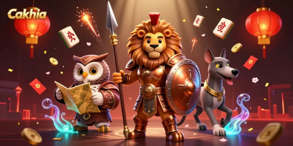 Engaging Cakhia-themed illustration showcasing a Spartan lion, strategic owl, and swift greyhound amidst vibrant casino elements.