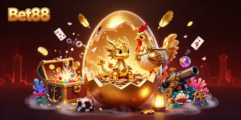Engage with Bet88's vibrant 3D casino adventure featuring golden elements and poker chips.
