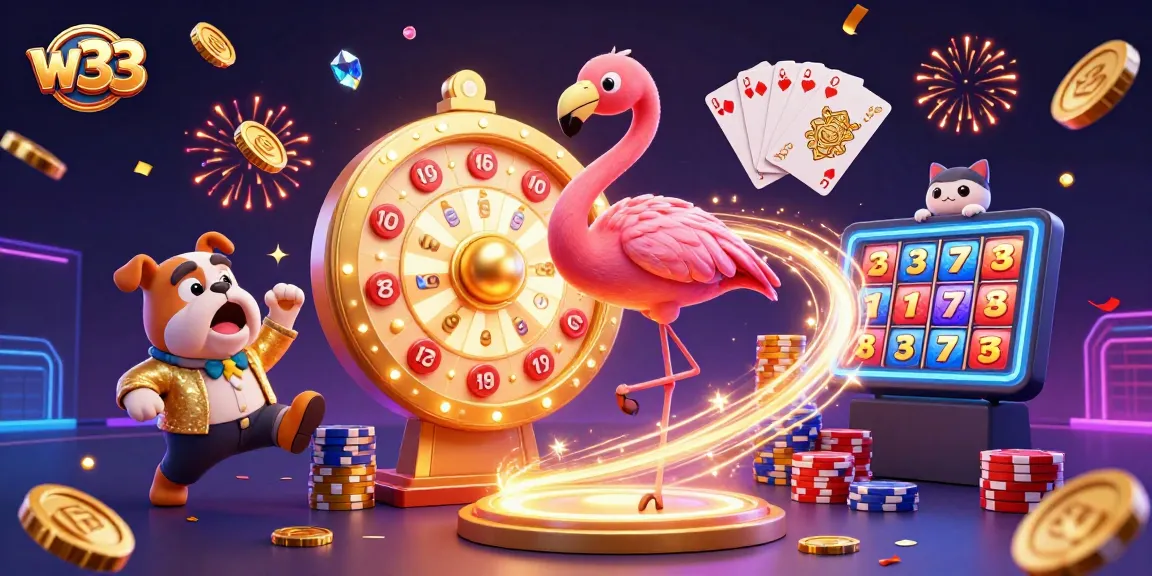Engage with w33’s thrilling gaming scene featuring a flamingo host, bulldog contestant, and sparkling prizes.