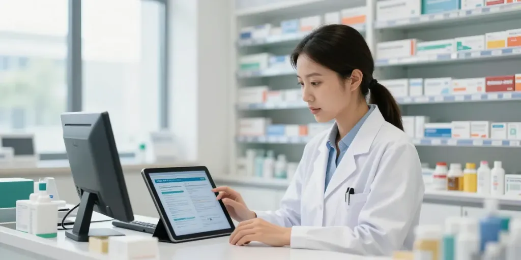 DHA pharmacist exam study materials on a tablet in a modern pharmacy setting.
