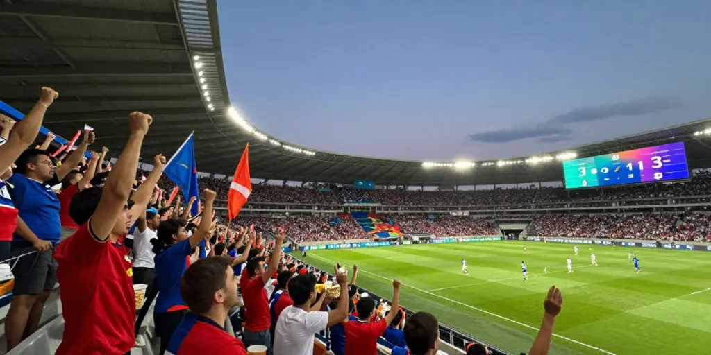 Xoilactv soccer match scene with fans cheering, players in action, and vibrant stadium atmosphere