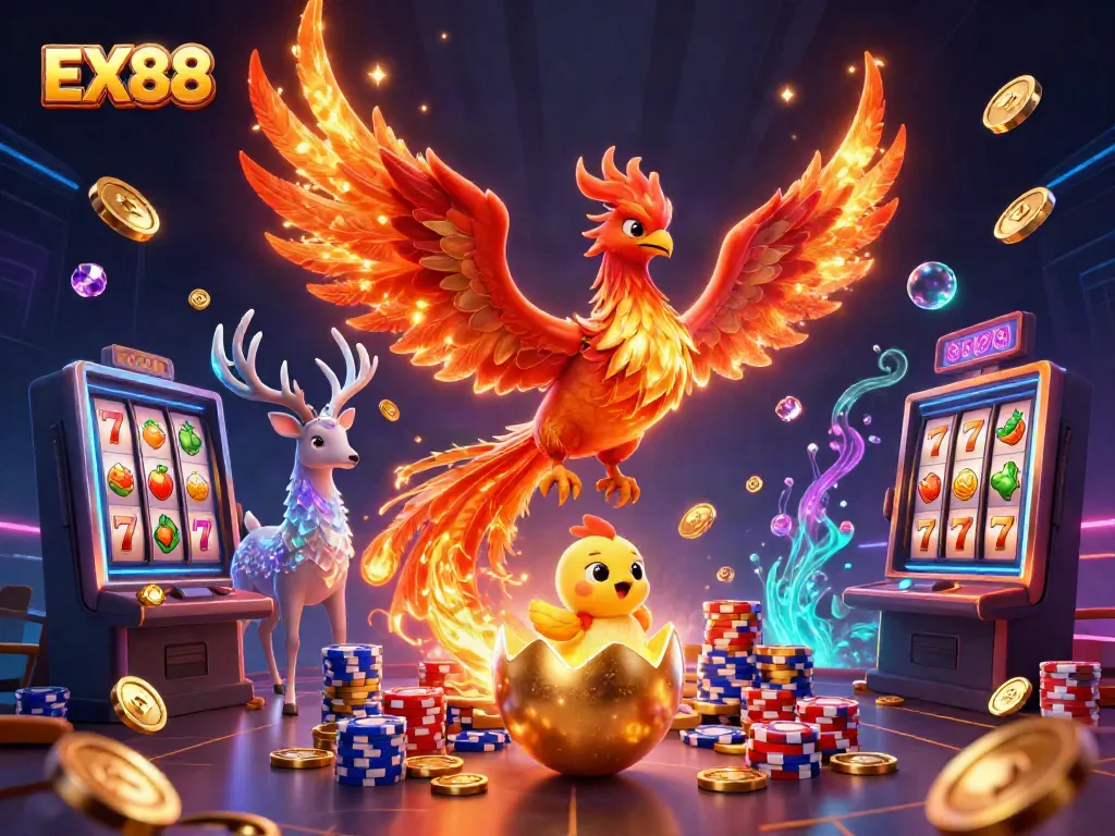 Experience the thrill of EX88 with a vibrant scene showcasing slot machines and a phoenix theme.