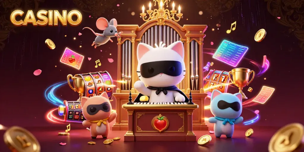 Experience casino excitement with our ultra-detailed scene featuring a whimsical cat and gaming elements