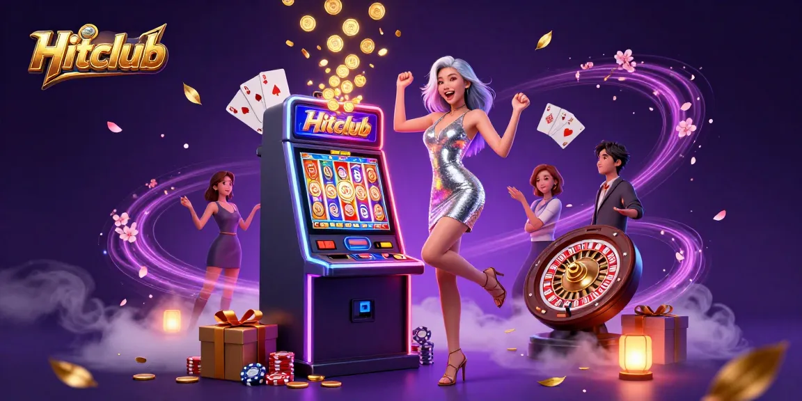 Hitclub slot machine celebration with a gorgeous Asian woman winning, surrounded by casino elements.