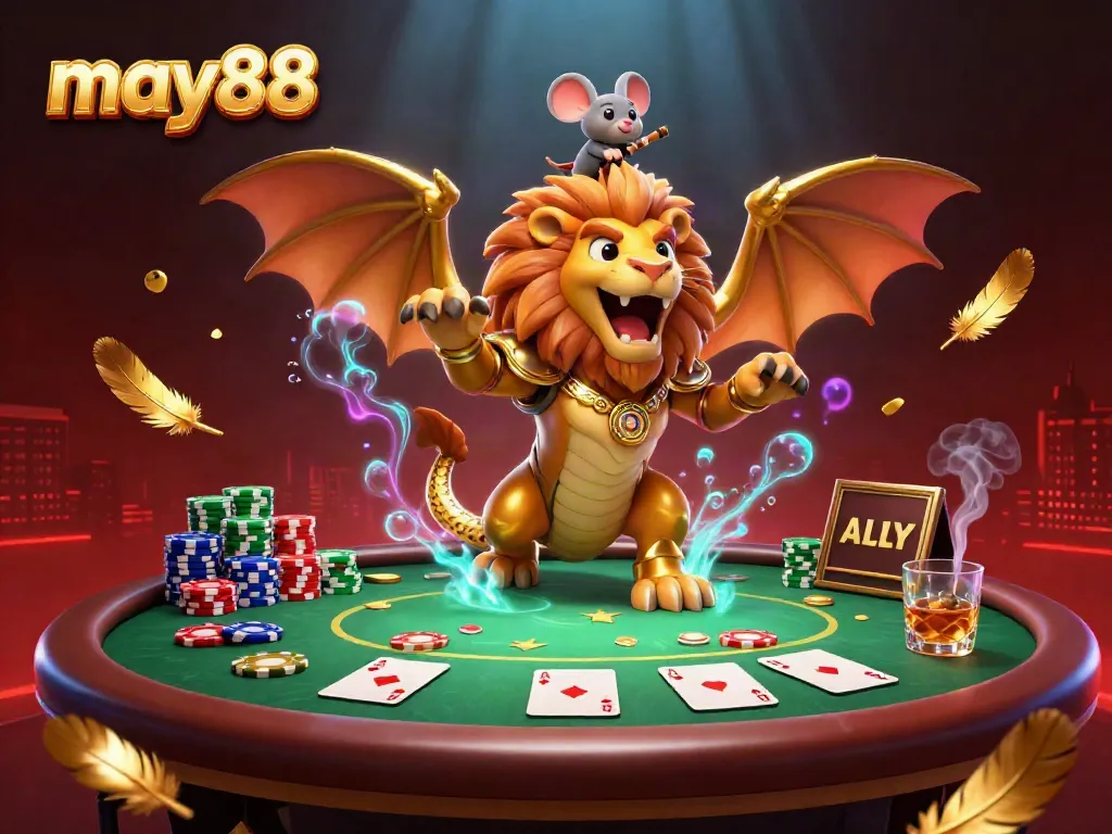 Experience the thrill of may88 in this vibrant 3D casino scene featuring a chimera and poker elements.