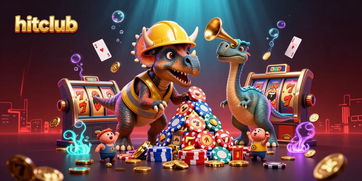 Hitclub showcases a lively scene with a triceratops creating a poker chip pyramid amidst vibrant casino-themed elements.