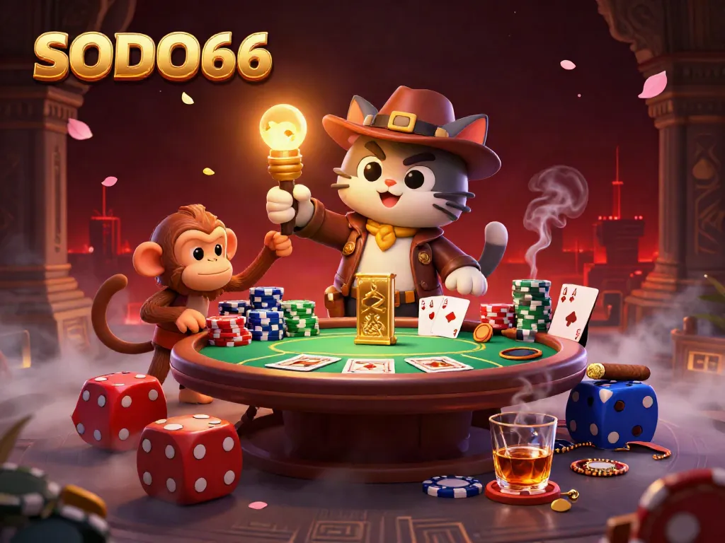 Cats explore SODO66 casino treasures with poker chips and artifacts in a vibrant temple scene.