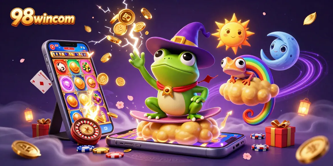 Experience thrilling gameplay with 98wincom, featuring a wizard frog and chameleon in a vibrant casino scene.