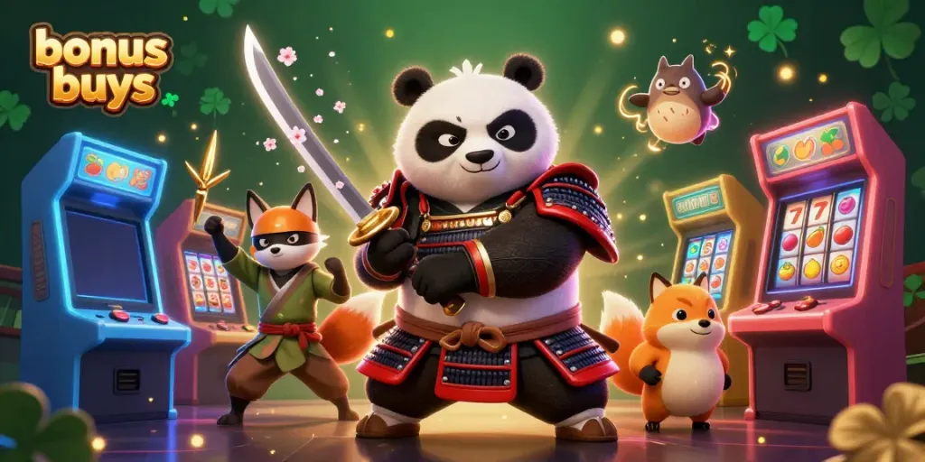 Experience thrilling bonus buys with samurai panda and ninja fox in vibrant 3D illustration.