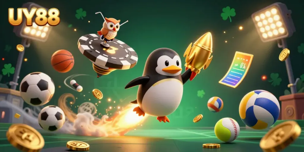 Enjoy thrilling gaming adventures with UY88 in a vibrant 3D casino scene featuring sports elements and golden treasures.