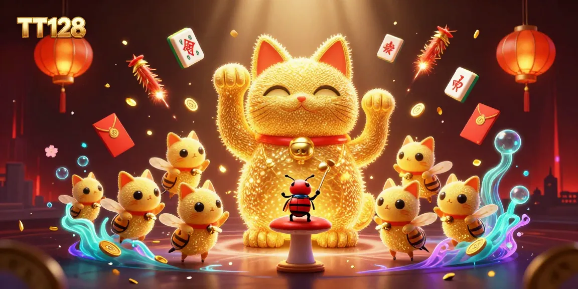 Experience the thrill of TT128 with vibrant casino symbols, a lucky cat, and festive elements.