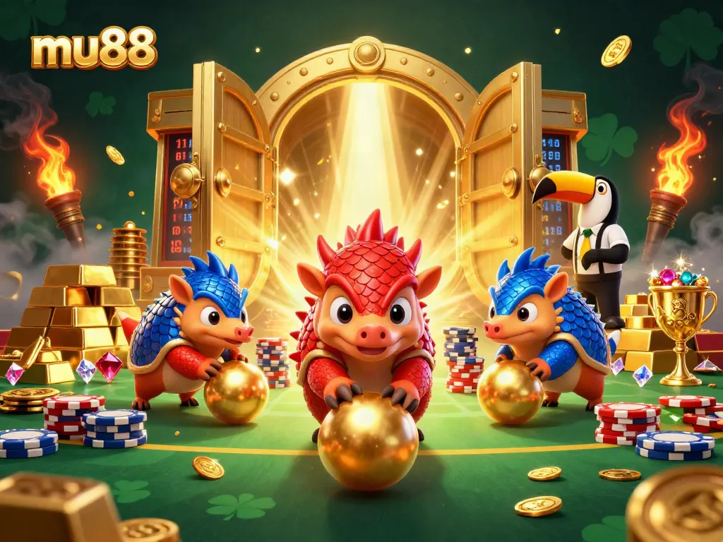 Compete for fortune at mu88 with cartoon pangolins rolling through poker chips and treasures in a vibrant casino scene.