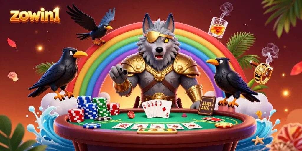 Experience winning strategies with zowin1 in a vibrant and detailed casino illustration featuring Odin, the poker scene, and colorful chips.