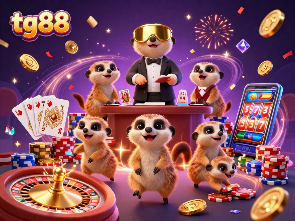 Engage with tg88's vibrant casino scene featuring lively meerkats and exciting gambling elements.
