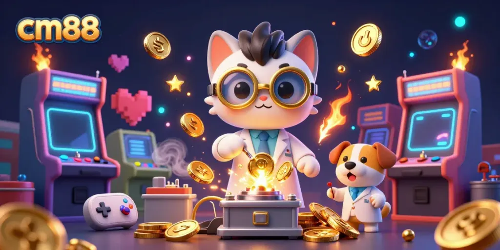 Experience the thrill of cm88 casino gaming with captivating characters and vibrant elements in a 3D illustration.