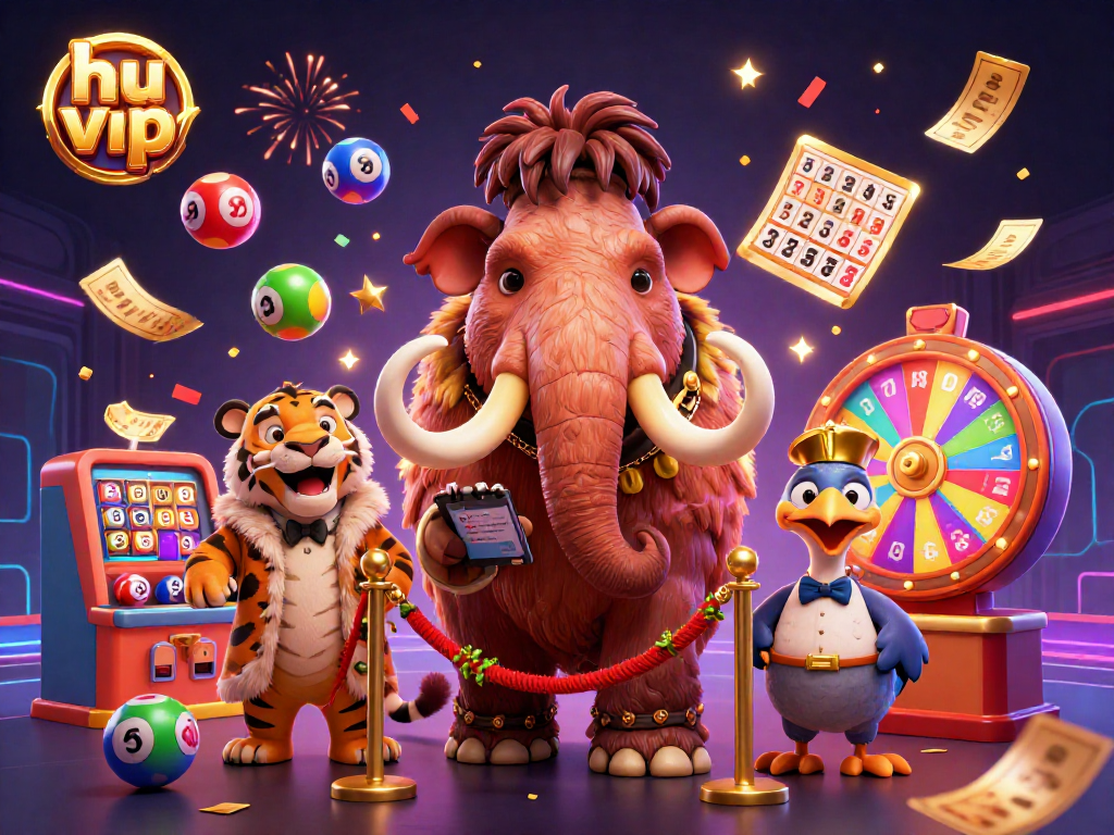 Engaging hu vip scene featuring a mammoth bouncer, saber-tooth tiger VIP, and dodo doorman with dynamic lottery elements.