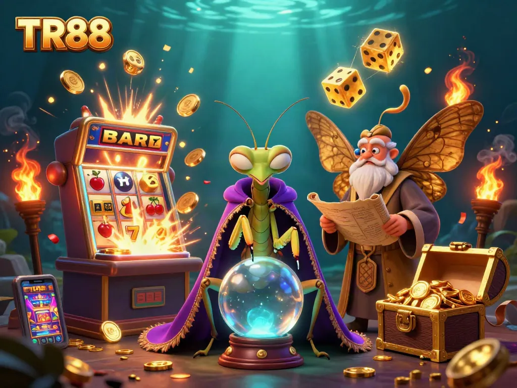 Engage with TR88's vibrant casino scene showcasing a fortune teller, moth librarian, and dynamic slot elements.