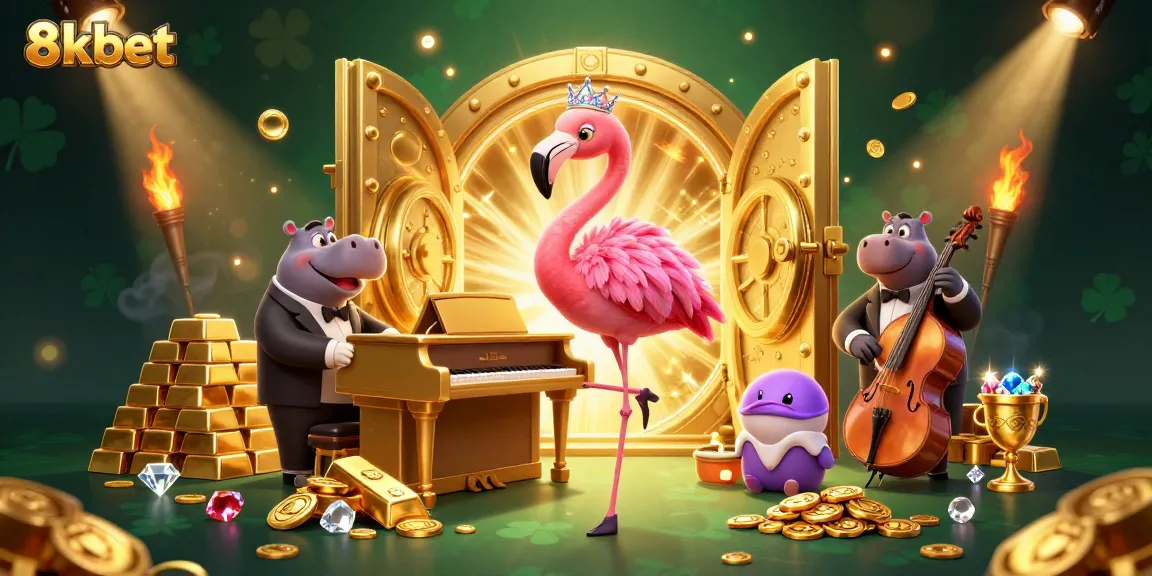 Experience the excitement of 8kbet with a vibrant casino scene featuring glamorous characters and treasures.