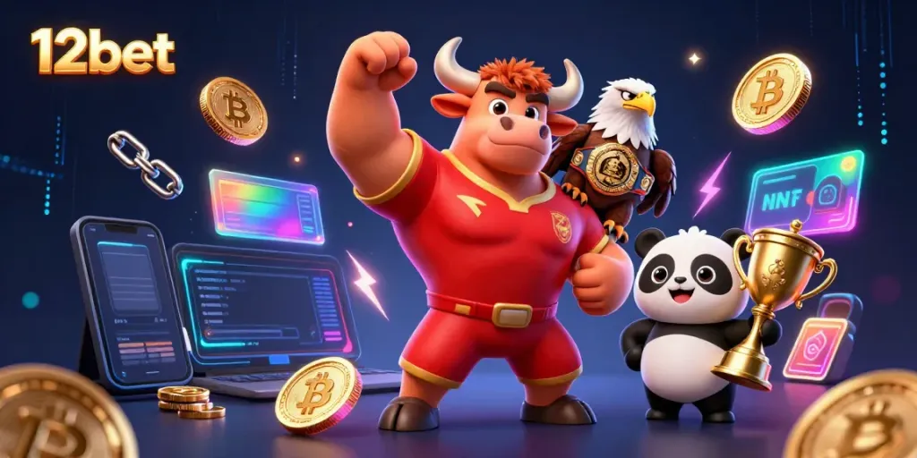 Celebrate with 12bet and essential gaming elements in a vibrant 3D casino-themed scene.