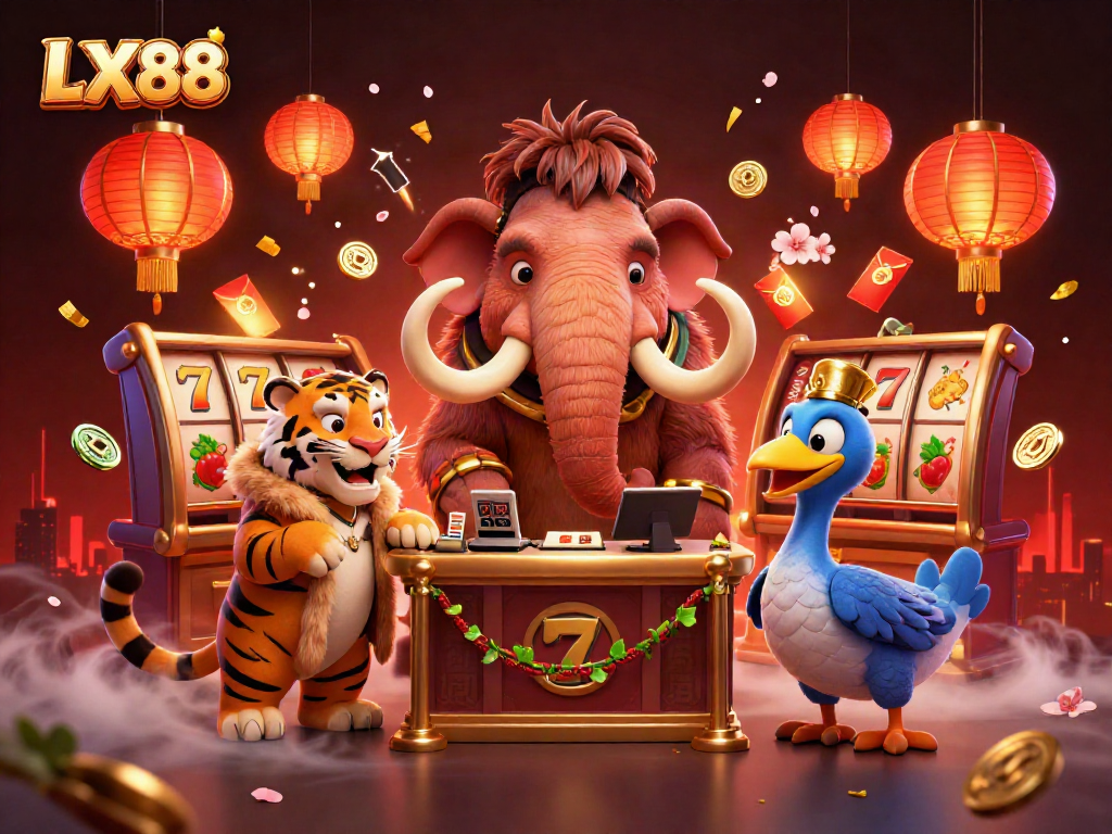 Engage with the vibrant LX88 casino experience featuring a woolly mammoth bouncer, a saber-tooth VIP, and festive elements.