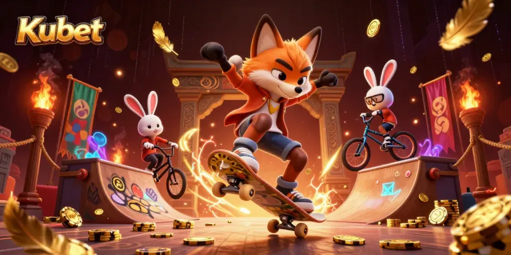 Kubet promotes excitement with a vibrant 3D illustration of a skateboarder fox and BMX rabbit in a casino-themed scene.